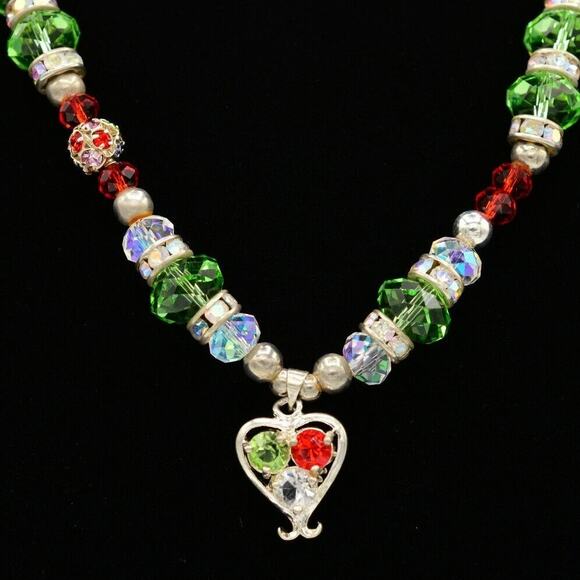 Vintage Crystal Collar Necklace Holiday Green Red Christmas Shiny 1990s Bin2 - Picture 1 of 12